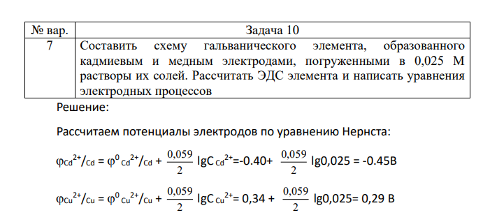 Составить схему гальванического элемента, образованного кадмиевым и медным электродами, погруженными в 0,025 М растворы их солей.