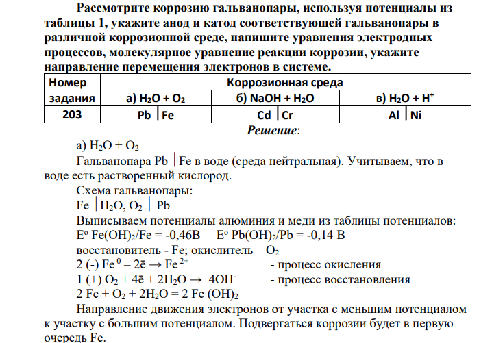 Рассмотрите коррозию гальванопары, используя потенциалы из таблицы 1, укажите анод и катод соответствующей гальванопары в различной коррозионной среде, напишите уравнения электродных процессов, молекулярное уравнени