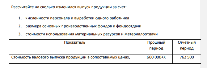 Рассчитайте на сколько изменился выпуск продукции за счет: 1. численности персонала и выработки одного работника 2. размера основных производственных фондов и фондоотдачи 3. стоимости использования материальных ресурсов и материалоотдачи Показатель Прошлый период Отчетный период