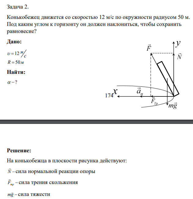 Конькобежец движется со скоростью 12 м/с по окружности радиусом 50 м. Под каким углом к горизонту он должен наклониться, чтобы сохранить равновесие? Дано: 12 50 м с R м    Найти:  ? 175