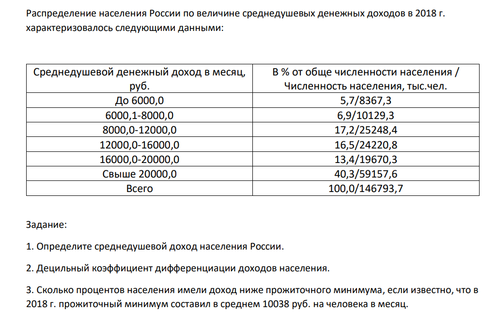 Распределение населения России по величине среднедушевых денежных доходов в 2018 г. характеризовалось следующими данными: Среднедушевой денежный доход в месяц, руб. В % от обще численности населения / Численность населения, тыс.чел. До 6000,0 5,7/8367,3 6000,1-8000,0 6,9/10129,3