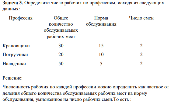 Определите число рабочих по профессиям, исходя из следующих данных: Профессия Общее количество обслуживаемых рабочих мест Норма обслуживания Число смен Крановщики 30 15 2 Погрузчики 20 10 2 Наладчики 50 5 2