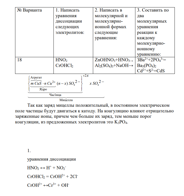 Даны растворы двух реагентов (см. вариант в табл. 9). 1. Напишите молекулярное уравнение химической реакции образования коллоидной частицы при смешивании двух растворов. 2. Определите, какой реагент взят в избытке