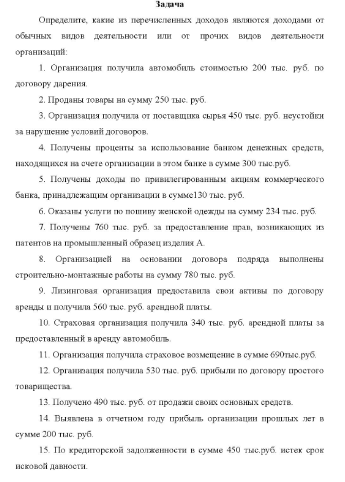 Определите, какие из перечисленных доходов являются доходами от обычных видов деятельности или от прочих видов деятельности организаций: 1. Организация получила автомобиль стоимостью 200 тыс. руб. по договору дарения. 2. Проданы товары на сумму 250 тыс. руб. 3.