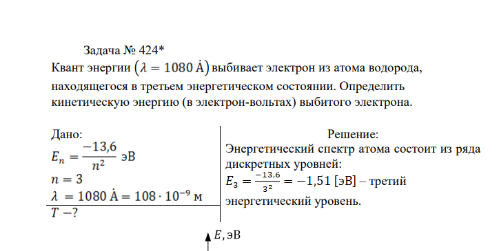 Квант энергии выбивает электрон из атома водорода, находящегося в третьем энергетическом состоянии. Определить кинетическую энергию (в электрон-вольтах) выбитого электрона