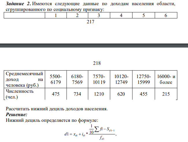 Имеются следующие данные по доходам населения области, сгруппированного по социальному признаку: 1 2 3 4 5 6 218 218 Среднемесячный доход на человека (руб.) 5500- 6179 6180- 7569 7570- 10119 10120- 12749 12750- 15999 16000- и более Численность (чел.) 475 734 1210 620 455 215