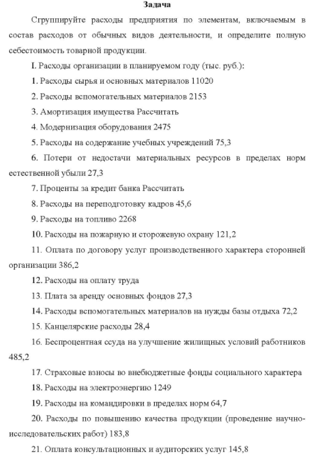 Сгруппируйте расходы предприятия по элементам, включаемым в состав расходов от обычных видов деятельности, и определите полную себестоимость товарной продукции. I. Расходы организации в планируемом году (тыс. руб. ): 1. Расходы сырья и основных материалов 11020
