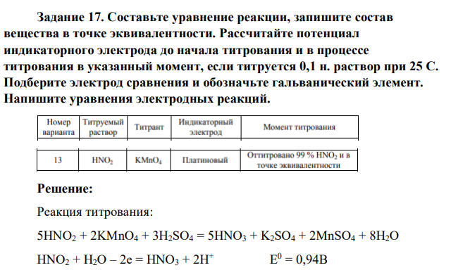 Составьте уравнение реакции, запишите состав вещества в точке эквивалентности. Рассчитайте потенциал индикаторного электрода до начала титрования и в процессе титрования в указанный момент, если титруется