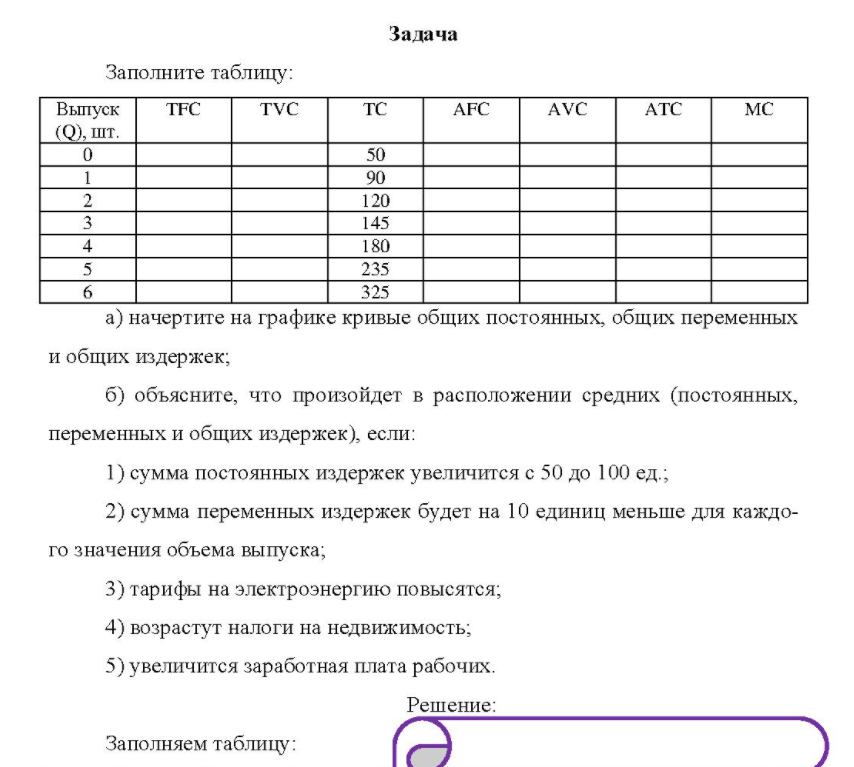 Заполните таблицу: Выпуск (Q), шт. TFC TVC 50 90 120 145 180 235 325 AFC AVC MC a) начертите на графике кривые общих постоянных, общих переменных и общих издержек;