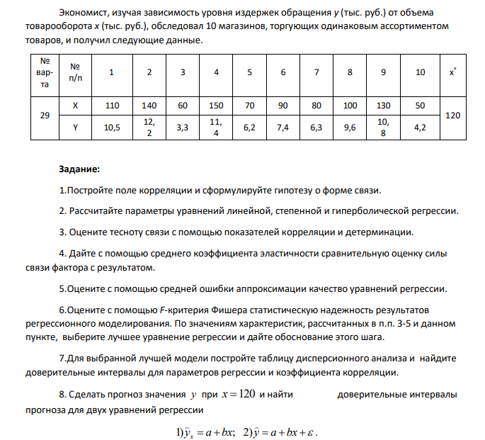 Экономист, изучая зависимость уровня издержек обращения у (тыс. руб.) от объема товарооборота х (тыс. руб.), обследовал 10 магазинов, торгующих одинаковым ассортиментом товаров, и получил следующие данные. № варта №