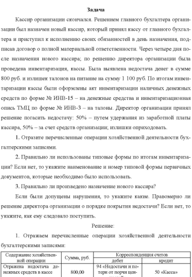 Кассир организации скончался. Решением главного бухгалтера организации был назначен новый кассир, который принял кассу от главного бухгалтера и приступил к исполнению своих обязанностей в день назначения, под- писав договор о полной материальной ответственности.