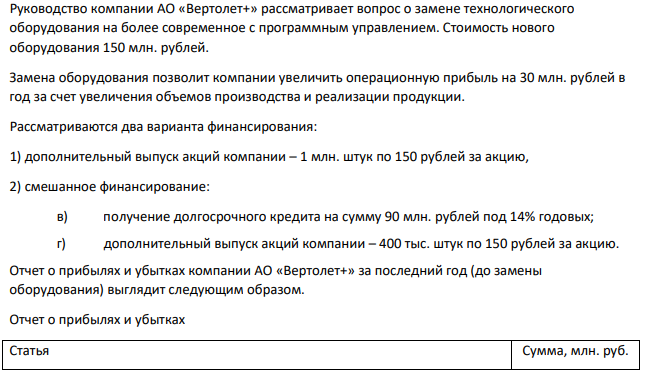 Руководство компании АО «Вертолет+» рассматривает вопрос о замене технологического оборудования на более современное с программным управлением. Стоимость нового оборудования 150 млн. рублей. Замена оборудования позволит компании увеличить операционную прибыль на 30 млн. рублей в год за счет увеличения объемов производства и реализации продукции. Рассматриваются два варианта финансирования: