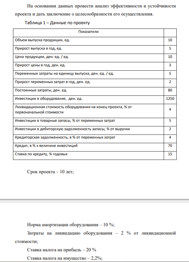 На основании данных провести анализ эффективности и устойчивости проекта и дать заключение о целесообразности его осуществления. Таблица 1 – Данные по проекту