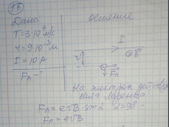 Электрон со скоростью 3·107 м/с движется параллельно длинному проводу на расстоянии 9 мм от него. Какая сила действует на электрон, если ток в проводе 10 А?