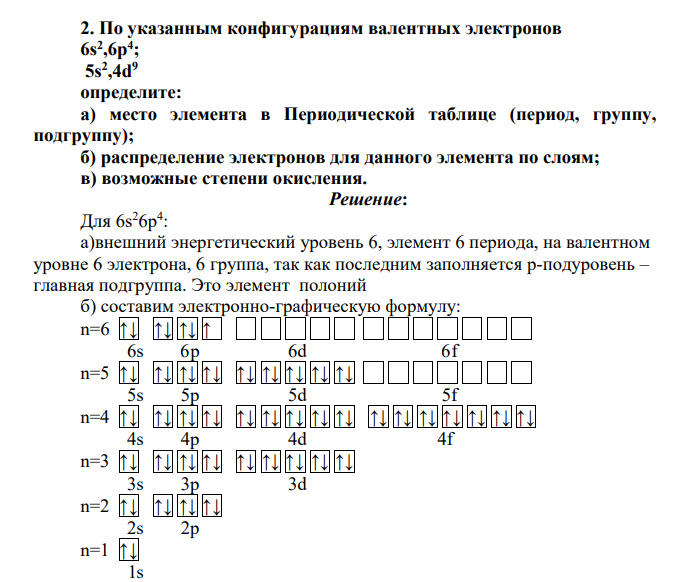По указанным конфигурациям валентных электронов 6s2 ,6p4 ; 5s2 ,4d9 определите: а) место элемента в Периодической таблице (период, группу, подгруппу); б) распределение электронов для данного элемента по слоям; в) возможные степени окисления.