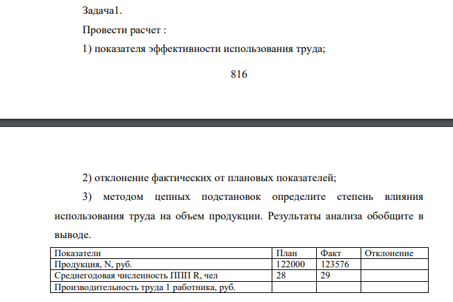 Провести расчет : 1) показателя эффективности использования труда; 817 2) отклонение фактических от плановых показателей;