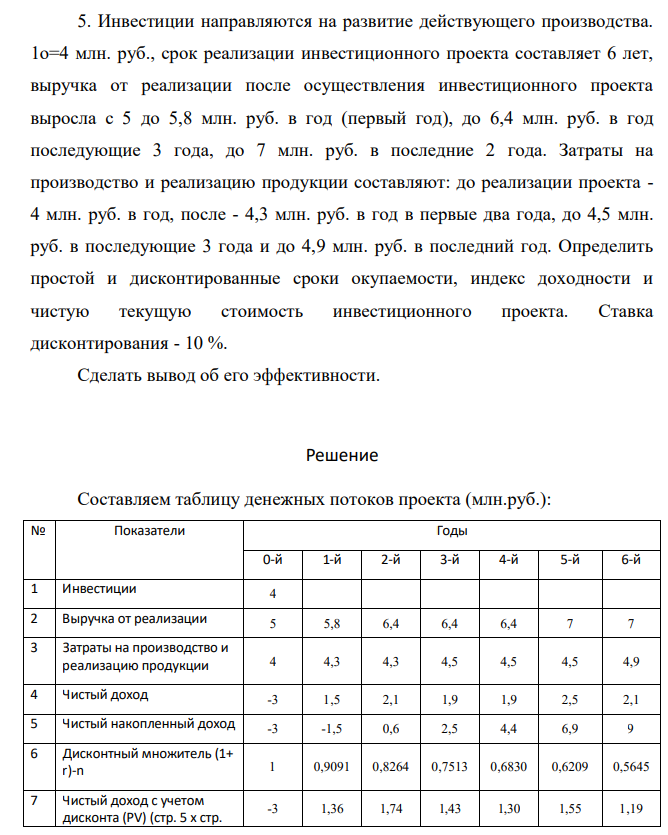 Инвестиции направляются на развитие действующего производства. 1о=4 млн. руб., срок реализации инвестиционного проекта составляет 6 лет, выручка от реализации после осуществления инвестиционного проекта выросла с 5 до 5,8 млн. руб. в год (первый год), до 6,4 млн. руб. в год последующие 3 года, до 7 млн. руб. в последние 2 года. Затраты на производство и реализацию продукции составляют: до реализации проекта - 4 млн. руб. в год, после - 4,3 млн. руб. в год в первые два года, до 4,5 млн. руб. в последующие 3 года и до 4,9 млн. руб. в последний год.