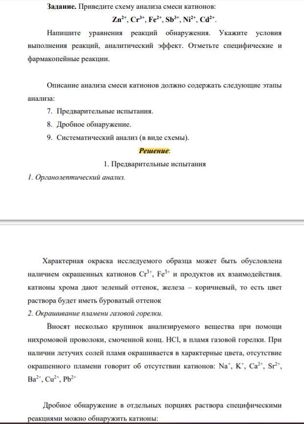 Приведите схему анализа смеси катионов: Zn2+ , Cr3+ , Fe2+ , Sb3+ , Ni2+ , Cd2+ .