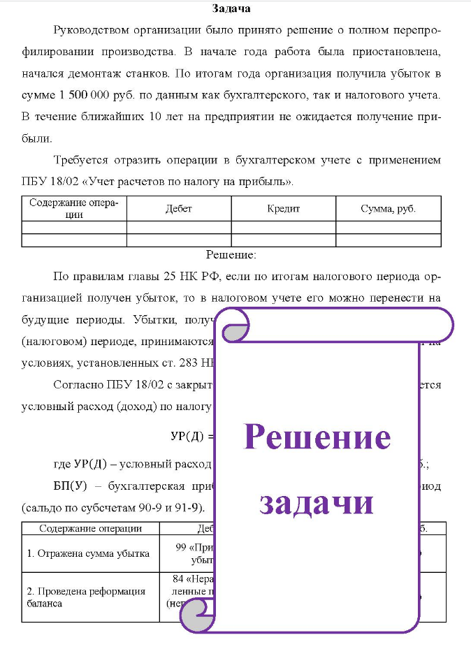 Задача Руководством организации было принято решение о полном перепро- филировании производства. В начале года работа была приостановлена, начался демонтаж станков. По итогам года организация получила убыток в сумме 1 500 000 руб. по данным как бухгалтерского, так и налогового учета.