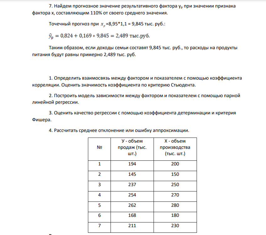 Найдем прогнозное значение результативного фактора ур при значении признака фактора х, составляющим 110% от своего среднего значения. Точечный прогноз при p x =8,95*1,1 = 9,845 тыс. руб.: Таким образом, если доходы семьи составят 9,845 тыс. руб., то расходы на продукты питания будут равны примерно 2,489 тыс. руб