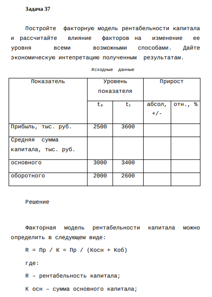 Постройте факторную модель рентабельности капитала и рассчитайте влияние факторов на изменение ее уровня всеми возможными способами. Дайте экономическую интепретацию полученным результатам.