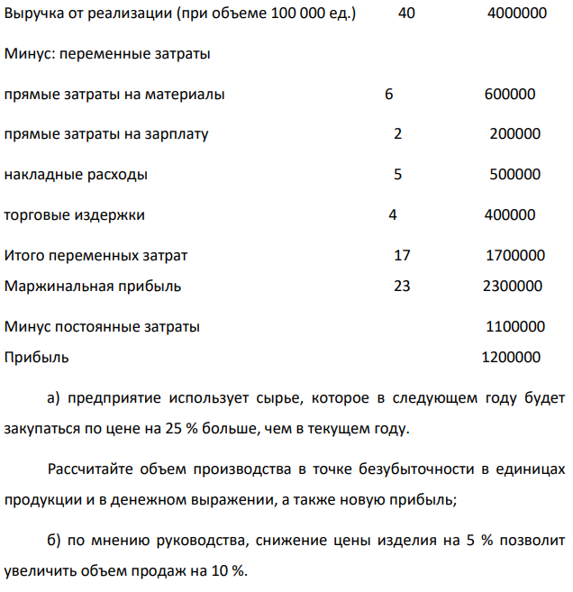 Компанией АВС представлен следующий отчет о прибылях: На единицу Всего Выручка от реализации (при объеме 100 000 ед.) 40 4000000 Минус: переменные затраты прямые затраты на материалы 6 600000 прямые затраты на зарплату 2 200000 накладные расходы 5 500000 торговые издержки