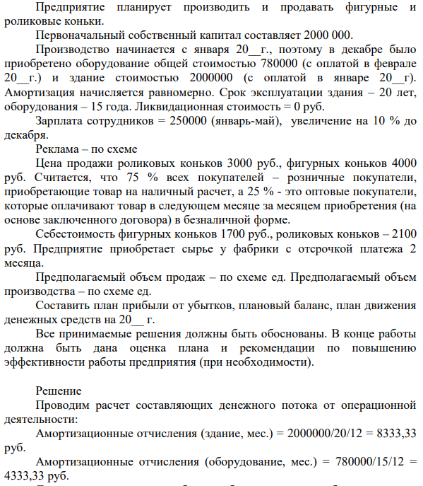 Предприятие планирует производить и продавать фигурные и роликовые коньки. Первоначальный собственный капитал составляет 2000 000. Производство начинается с января 20__г., поэтому в декабре было приобретено оборудование общей стоимостью 780000 (с оплатой в феврале 20__г.)