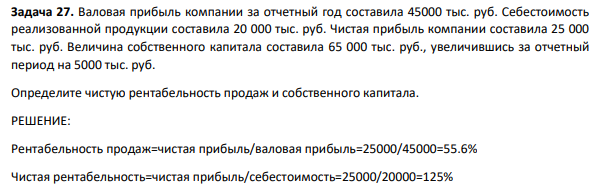 Валовая прибыль компании за отчетный год составила 45000 тыс. руб. Себестоимость реализованной продукции составила 20 000 тыс. руб. Чистая прибыль компании составила 25 000 тыс. руб