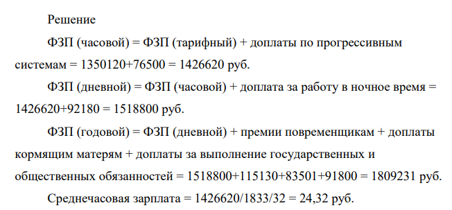 Фонд зарплаты тарифный – 1 350120 руб. Доплаты по прогрессивным системам – 76 500 руб. Премии повременщикам – 115 130 руб. Доплаты за работу в ночное время – 92 180 руб. Доплаты кормящим матерям – 83 501 руб. Доплаты за выполнение государственных и общественных обязанностей – 91 800 руб.