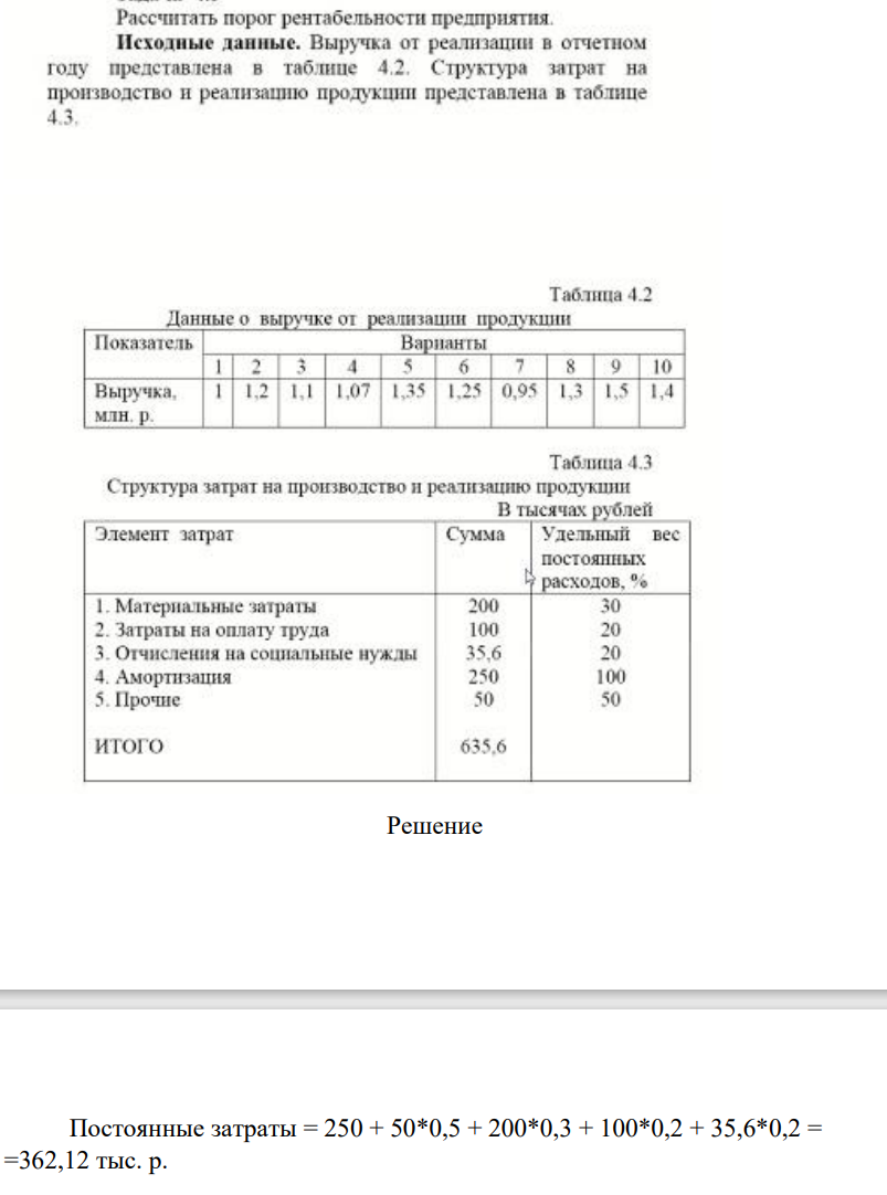 Рассчитать порог рентабельности предприятия. Исходные данные. Выручка от реализации в отчетном году представлена в таблице 4.2. Структура затрат на производство и реализацию продукции представлена в таблице
