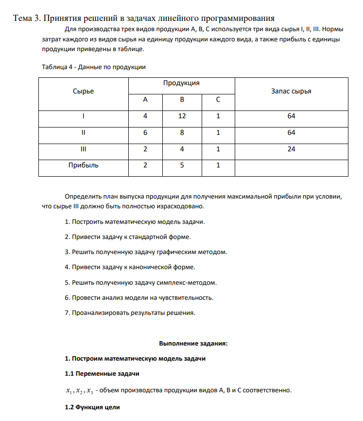 Для производства трех видов продукции A, B, C используется три вида сырья I, II, III. Нормы затрат каждого из видов сырья на единицу продукции каждого вида, а также прибыль с единицы продукции приведены в таблице. Таблица 4 - Данные по продукции Сырье Продукция Запас сырья А В С I 4 12 1 64 II 6 8 1 64 III 2 4 1 24 Прибыль 2 5 1