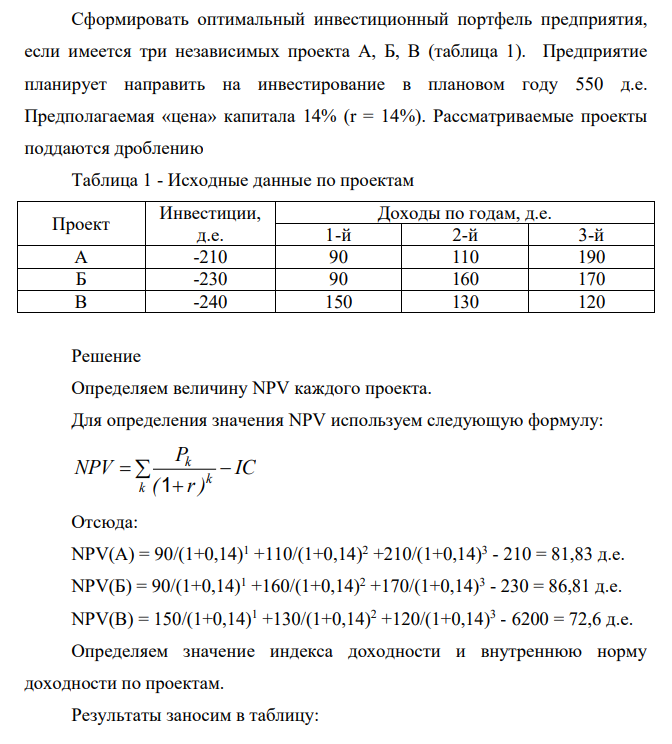 Cформировать оптимальный инвестиционный портфель предприятия, если имеется три независимых проекта А, Б, В (таблица 1). Предприятие планирует направить на инвестирование в плановом году 550 д.е.