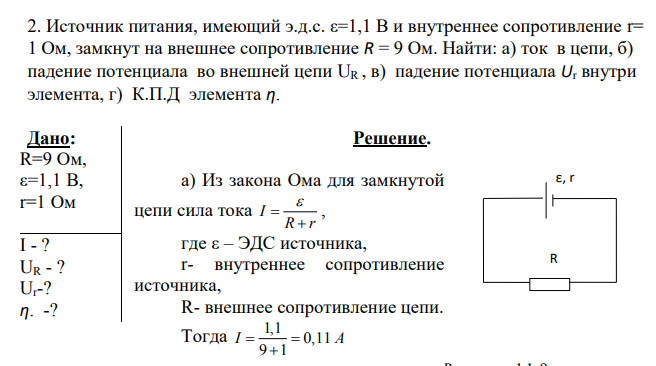 Источник питания, имеющий э.д.с. ε=1,1 В и внутреннее сопротивление r= 1 Ом, замкнут на внешнее сопротивление R = 9 Ом. Найти: а) ток в цепи, б) падение потенциала во внешней цепи UR , в) падение потенциала Ur внутри элемента, г) К.П.Д элемента η.