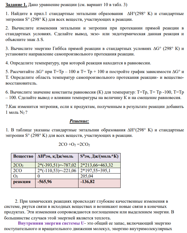 Дано уравнение реакции (см. вариант 10 в табл. 3) 1. Найдите в прил.1 стандартные энтальпии образования ∆H°(298° K) и стандартные энтропии S° (298° K) для всех веществ, участвующих в реакции. 2. Вычислите изменения энтальпии и энтропии при протекании прямой реакции в стандартных условиях. Сделайте вывод, экзо- или эндотермическая данная реакция и объясните знак ∆ S.