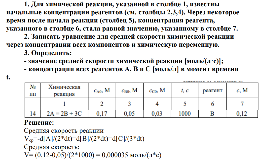 Для химической реакции, указанной в столбце 1, известны начальные концентрации реагентов (см. столбцы 2,3,4). Через некоторое время после начала реакции (столбeц 5), концентрация реагента, указанного в столбце 6, стала равной значению, указанному в столбце