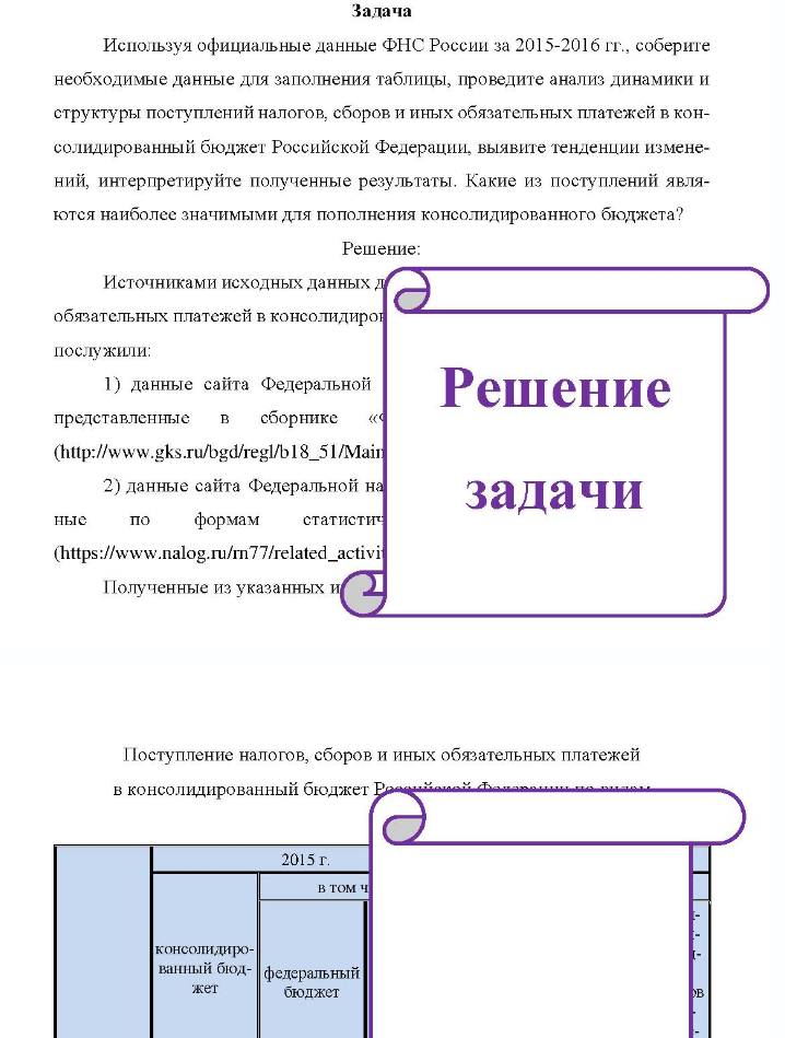 Задача Используя официальные данные ФНС России за 2015-2016 гг., соберите необходимые данные для заполнения таблицы, проведите анализ динамики и структуры поступлений налогов, сборов и иных обязательных платежей в кон- солидированный бюджет Российской Федерации, выявите тенденции измене- ний, интерпретируйте полученные результаты.