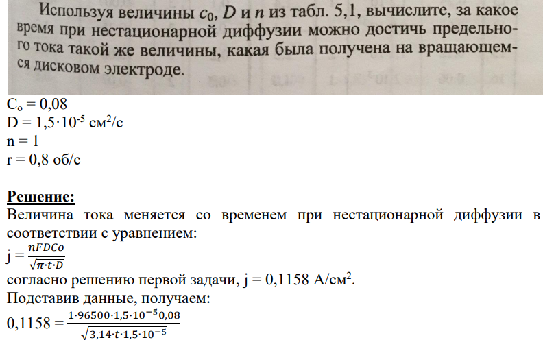 Используя величины со, D и п из табл. 5,1, вычислите, за какое время при нестационарной диффузии можно достичь предельного тока такой же величины, какая была получена на вращающемся дисковом электроде.