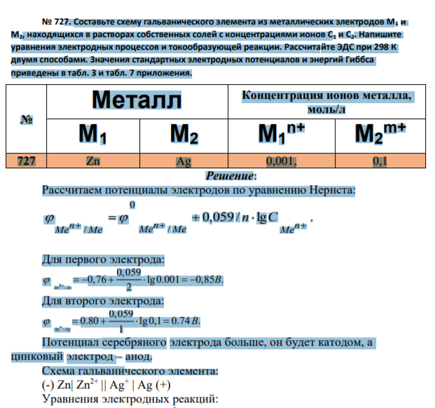 Составьте схему гальванического элемента из металлических электродов М1 и М2, находящихся в растворах собственных солей с концентрациями ионов С1 и С2. Напишите уравнения электродных процессов и токообразующей реакции. Рассчитайте ЭДС при 298 К двумя способами