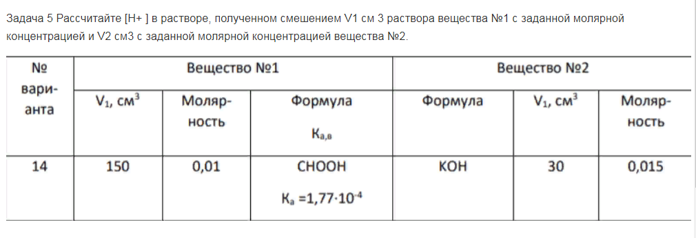 Рассчитайте [Н+ ] в растворе, полученном смешением V1 cм 3 раствора вещества №1 с заданной молярной концентрацией и V2 см3 с заданной молярной концентрацией вещества №2.