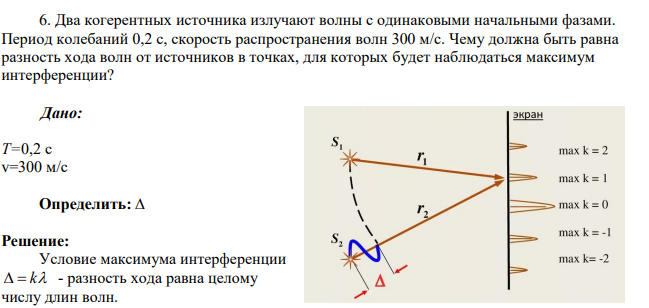 Два когерентных источника излучают волны с одинаковыми начальными фазами. Период колебаний 0,2 с, скорость распространения волн 300 м/с.