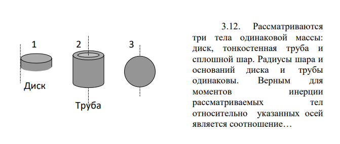 Рассматриваются три тела одинаковой массы: диск, тонкостенная труба и сплошной шар. Радиусы шара и оснований диска и трубы одинаковы.