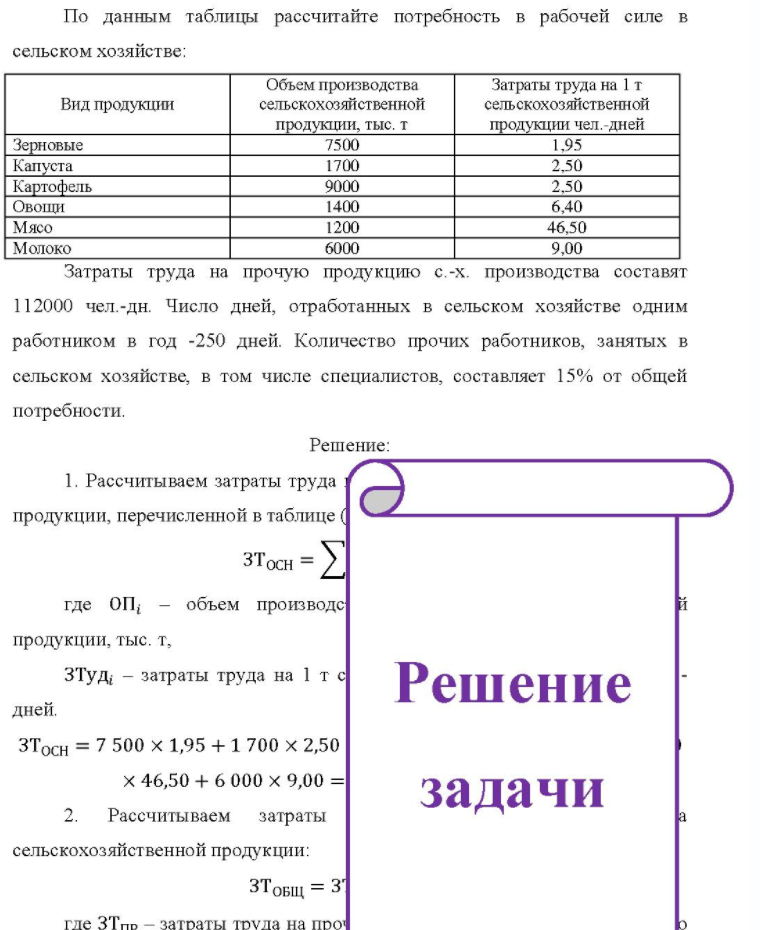 По данным таблицы рассчитайте потребность в рабочей силе в сельском хозяйстве: Вид продукции Объем производства сельскохозяйственной продукции, тыс. т Затраты труда на 1 т сельскохозяйственной продукции чел. -дней Зерновые Капуста Картофель Овощи Мясо Молоко 7500 1700 9000