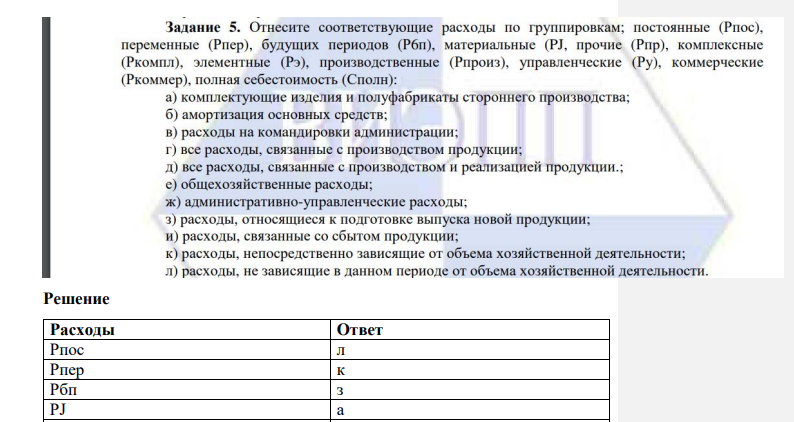Отнесите соответствующие расходы по группировкам; постоянные (Рпос), переменные (Рпер), будущих периодов (Рбп), материальные (РJ, прочие (Рпр), комплексные (Ркомпл), элементные (Рэ), производственные (Рпроиз), управленческие (Ру), коммерческие (Ркоммер), полная себестоимость (Сполн)