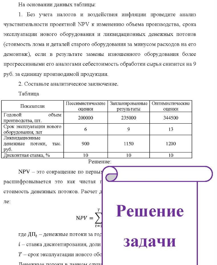 На основании данных таблицы: 1. Без учета налогов и воздействия инфляции проведите анализ чувствительности проектной NPV к изменению объема производства, срока эксплуатации нового оборудования и ликвидационных денежных потоков (стоимость лома и