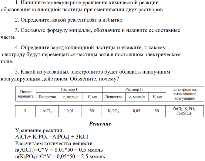 1. Напишите молекулярное уравнение химической реакции образования коллоидной частицы при смешивании двух растворов. 2. Определите, какой реагент взят в избытке. 3. Составьте формулу мицеллы, обозначьте и назовите ее составные части.