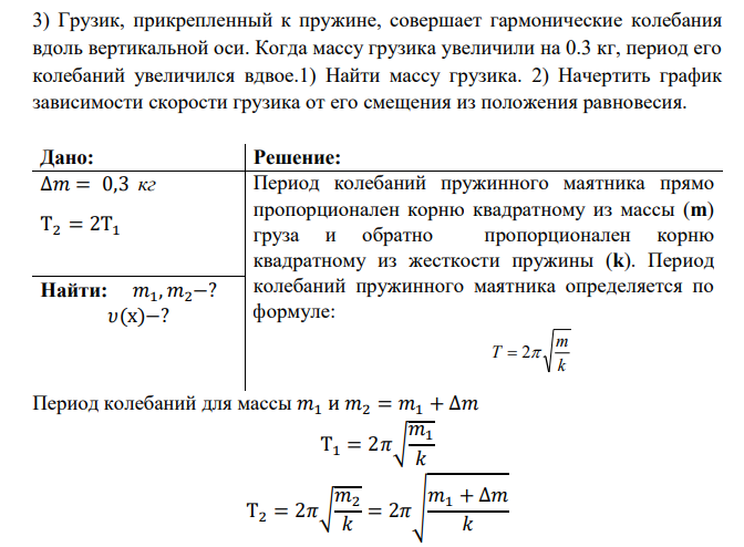 Грузик, прикрепленный к пружине, совершает гармонические колебания вдоль вертикальной оси. Когда массу грузика увеличили на 0.3 кг, период его колебаний увеличился вдвое.1) Найти массу грузика.