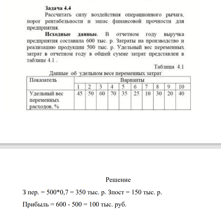 Рассчитать силу воздействия операпионного рычага, порог рентабельности и запас финансовой прочности для  предприятия.  Исходные данные. B отчетном году выручка предприятия составила 600 тыс. р. Затраты на производство и реализацию продукции 500 тыс. р. Удельный вес переменных затрат в отчетном году в обшей сумме затрат представлен в таблице 4.1