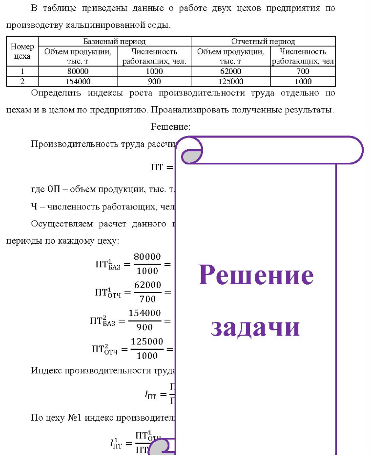 В таблице приведены данные о работе двух цехов предприятия по производству кальцинированной соды. Номер цеха тыс. т 80000 154000 Базисный период Объем продукции, Численность работающих, чел. 1000 900 Объем продукции, тыс. т 62000 125000 Отчетный