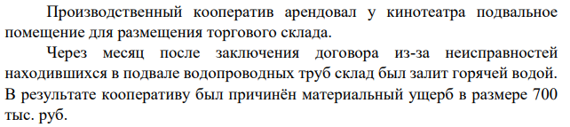 Производственный кооператив арендовал у кинотеатра подвальное помещение для размещения торгового склада. Через месяц после заключения договора из-за неисправностей находившихся в подвале водопроводных труб склад был залит горячей водой.