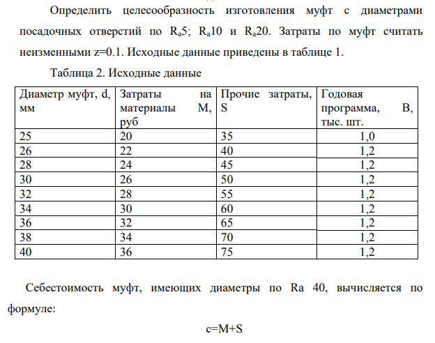 Определить целесообразность изготовления муфт с диаметрами посадочных отверстий по Ra5; Ra10 и Ra20. Затраты по муфт считать неизменными z=0.1. Исходные данные приведены в таблице 1.